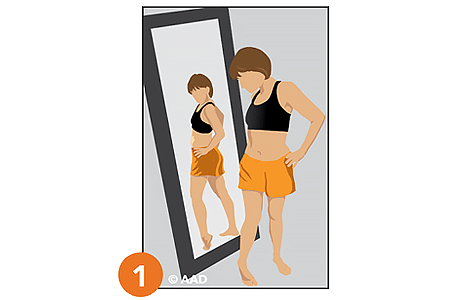 Illustration of a person examining their body for signs of skin cancer in a full-length mirror