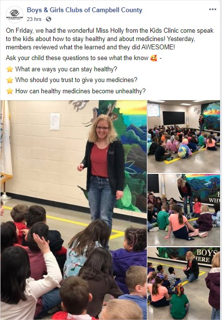Holly Hink, APRN, from the Campbell County Medical Group Kid Clinic, spent some time with children at the Boys & Girls Club of Campbell County 